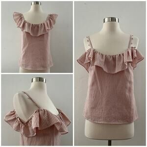 Club Monaco Asmund Striped Ruffle Top Wear-It-Two-Ways Blush Pink White Small